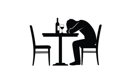 Fototapeta premium Despondent man sits at table with wine a striking silhouette
