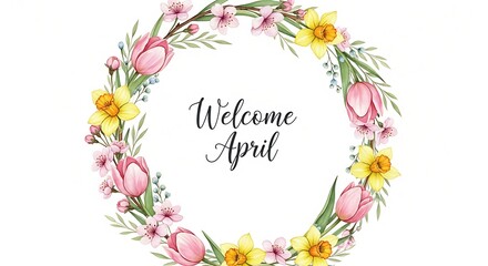 Obraz premium Floral April welcome wreath with spring flowers and handwritten text