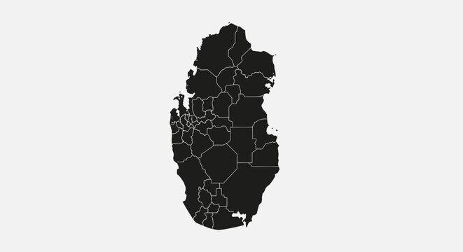 Map of Qatar showing administrative divisions, black silhouette on white background