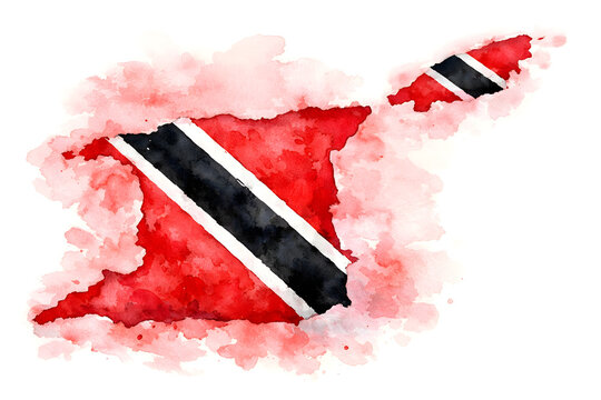 Watercolor map of Trinidad and Tobago in national flag colors, red with black diagonal stripe and white borders, soft ink wash texture, artistic travel illustration isolated on white background.
