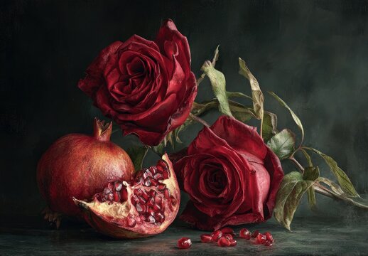Dramatic still life dark red roses, pomegranate and its open half, evocative light