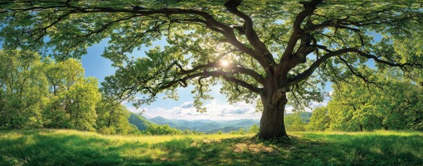 Fototapeta premium Sunlight through the branches of a large tree in a meadow.