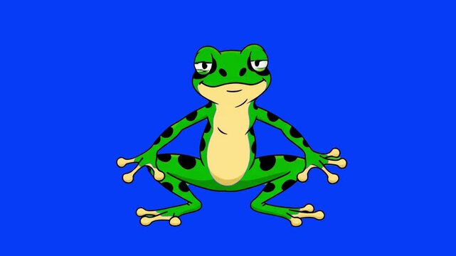 A 2D flat-style animation of a green spotted frog sitting calmly against a solid blue backdrop. This minimalist wildlife character design is suitable for nature-themed educational content, biology les