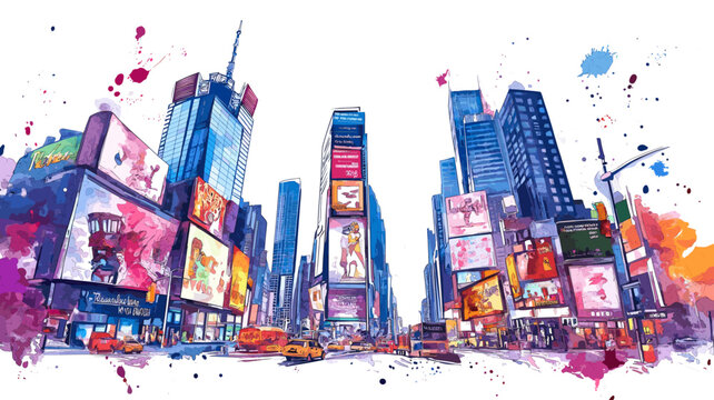 Times Square. Times Square hand drawn watercolor illustration