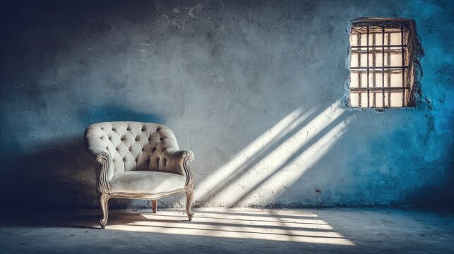 Elegant upholstered furniture sits in a desolate room illuminated by barred window light