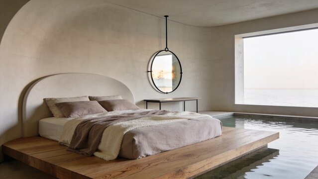 Organic bedroom design featuring a circular mirror, oak platform bed, and views of a quiet outdoor water feature.