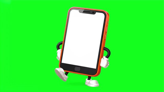 A lively 2D orange smartphone character with white gloves and shoes stands on a green chroma key background. It grabs attention with its energetic posture, making it a perfect asset for showcasing cus