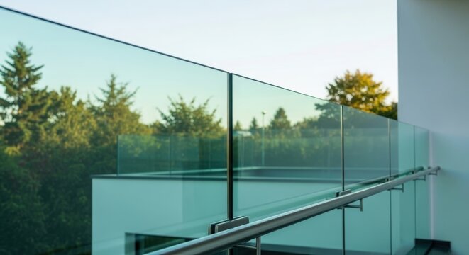 Glass balcony railing on a modern house terrace. Exterior view of transparent balustrade with metal handrail overlooking a green forest. Architectural element for home design concept.