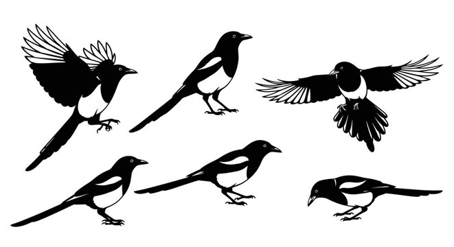 Set of Magpie Birds Silhouettes in Various Poses: Flying, Perching, and Foraging