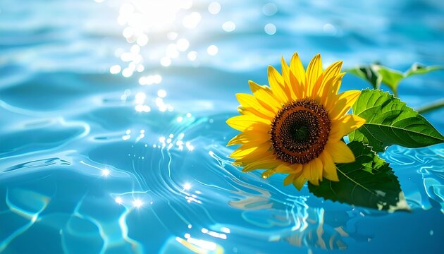 プールに浮かぶ一輪のひまわりの花と葉っぱ、太陽光を反射する水面とコピースペース