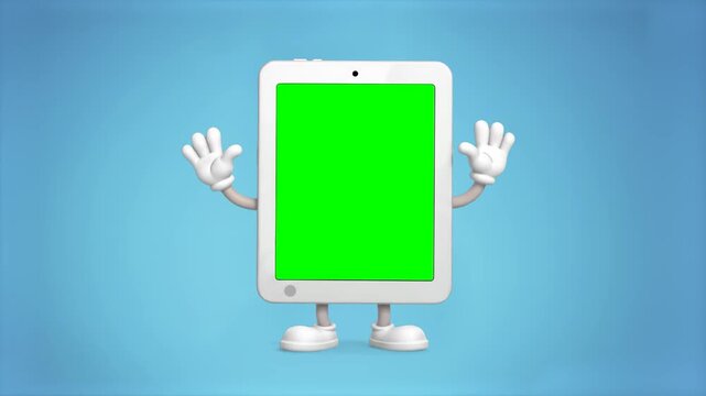 A 3D animated tablet character with a green screen (chroma key) placeholder on its display, dancing with hands raised. Perfect for creators who want to insert their own content or app UI onto the scre