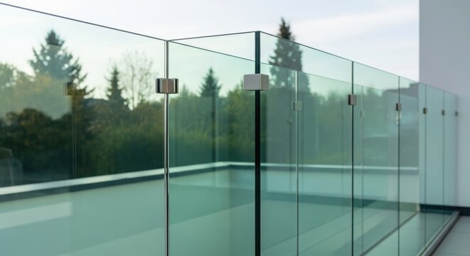 Glass railing on modern outdoor balcony. Transparent balustrade system with stainless steel connector for terrace safety. Architectural construction element for contemporary building.