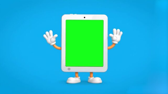 A cute 3D stylized white tablet computer character waving both cartoon hands on a bright blue backdrop, featuring a solid green screen display mockup interface. Ideal for tech explainer videos, educat