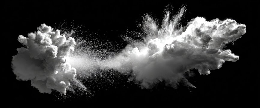 Dynamic white powder explosion, two bursts connecting in a fine stream on black bg