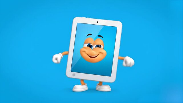 A cheerful 2D tablet character with a large screen face and hands waves happily against a bright blue backdrop. This high-tech mascot animation illustrates digital learning, mobile apps, and modern ed