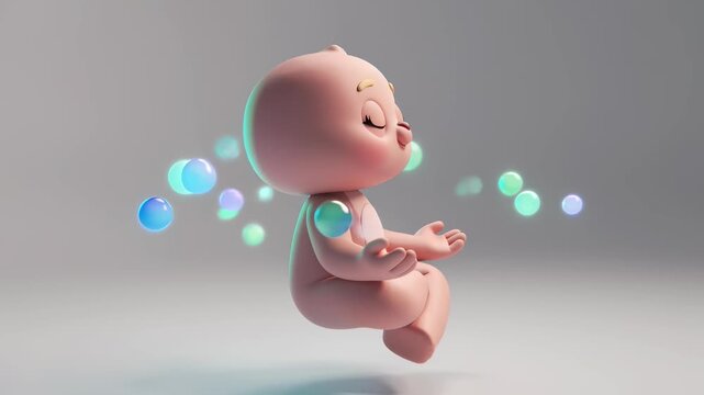 Peaceful 3D Animation of a Cute Cartoon Baby Meditating in Lotus Pose While Floating Amidst Glowing Colorful Bubbles in a Serene Studio Setting with Soft Lighting and Zen Mood