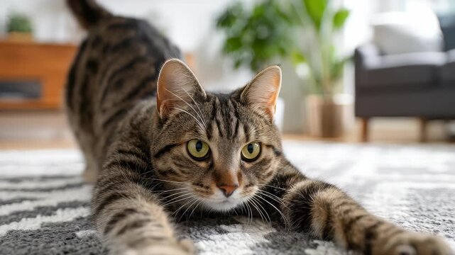 A domestic tabby cat stretches out on a patterned rug, surrounded by stylish home decor and lush green plants. The bright, inviting atmosphere highlights the cat's playful mood