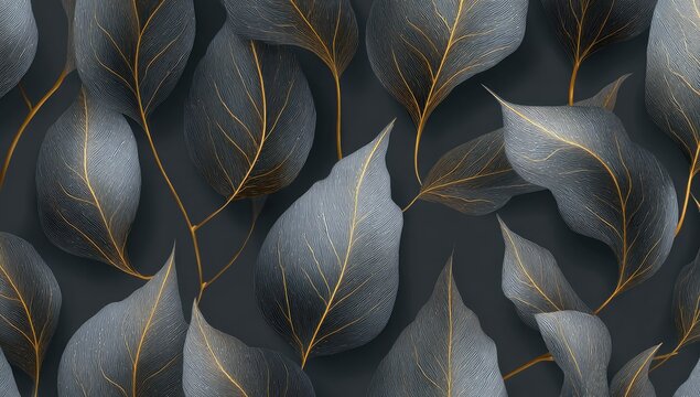Elegant botanical pattern of grey leaves with golden veins on a dark gray background