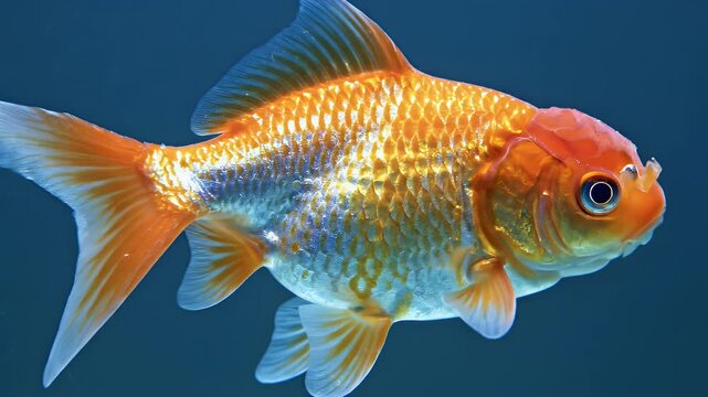 Vibrant orange goldfish swimming peacefully in clear water against a solid blue background.