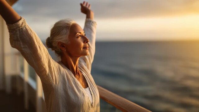 Elderly woman stands on a balcony by the sea, basking in the warm glow of sunset with arms uplifted in happiness. The calm ocean and soft sunlight create a relaxing, inspirational atmosphere