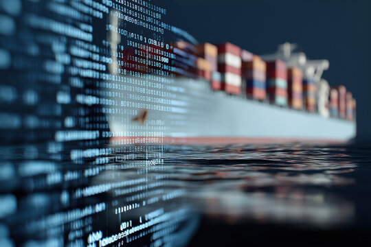 A detailed, close-up view of digital binary code streams and data visualizations integrated into the side of a large container ship at sea.