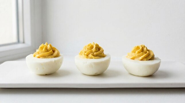 Minimalist Deviled Eggs Oeufs Mimosa on White Background Copy Space