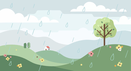 Fototapeta premium Vector illustration of a soft spring drizzle over rolling green hills with flowers and a small house.