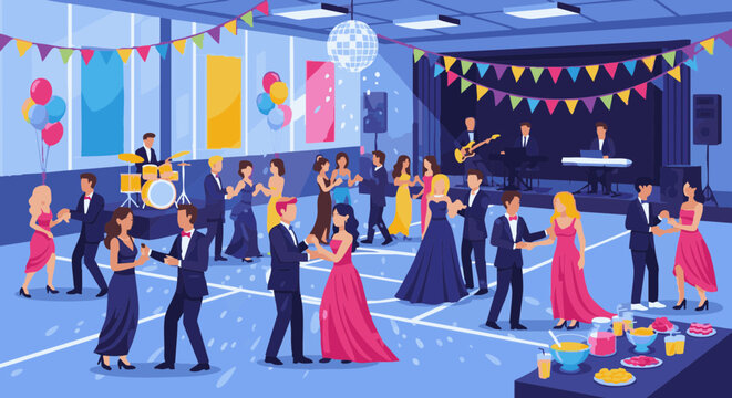 High school prom night vector illustration with young couples dancing to a live band in a decorated hall.