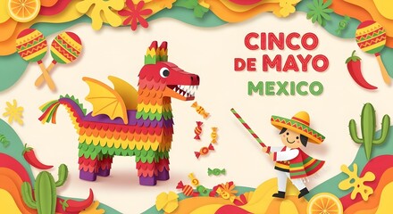 Naklejka premium Vibrant Cinco de Mayo Fiesta Paper Cut Illustration with Dragon Piñata, Cartoon Boy, Sombrero and Mexican Decorations