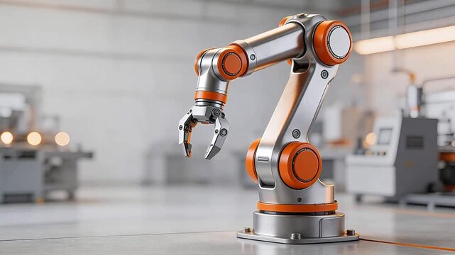 Modern industrial robotic arm with orange accents in a high-tech factory setting, showcasing automation, precision engineering, and smart manufacturing technology.