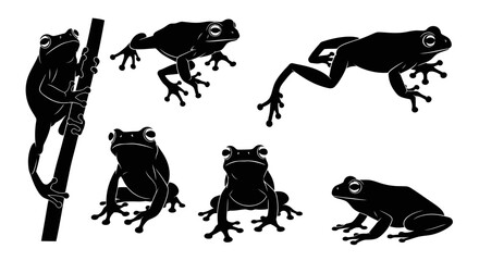 Naklejka premium Set of Six Black Frog Silhouettes in Various Poses on White Background
