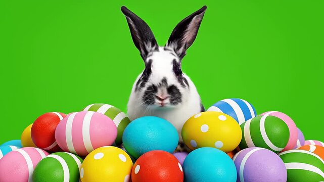A black and white rabbit peeks out from behind a pile of colorful Easter eggs with various patterns on a green background.