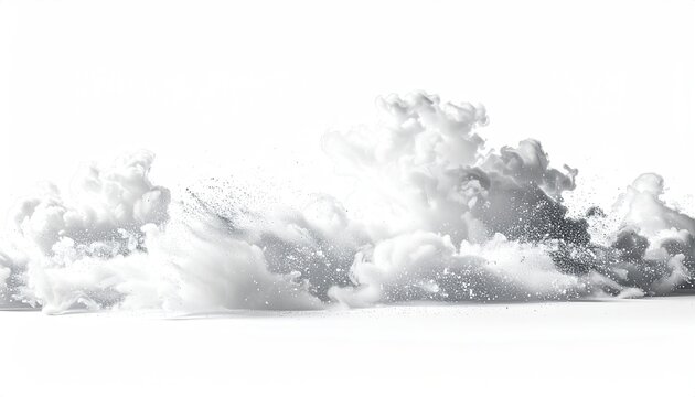 Ethereal white cloud puffs, dust and particles, soft light, against white background