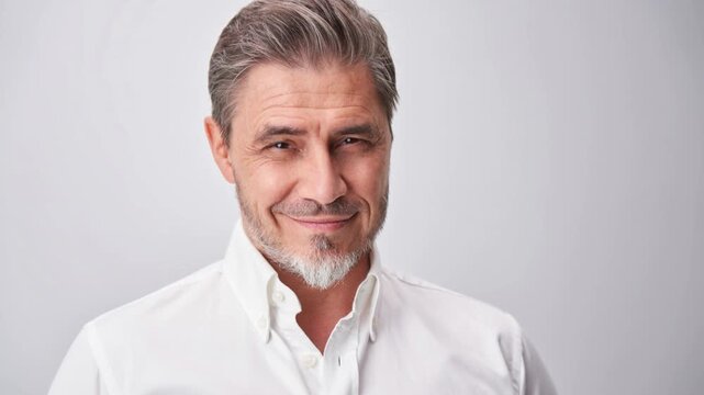 Mature man with grey hair and goatee smiling confidently at camera. Businessman or senior male entrepreneur. Wisdom, success and approachable leadership for business, lifestyle and professionalism.