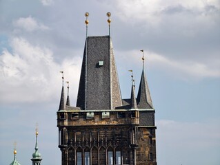 Intricate Gothic architectural elements emphasizing craftsmanship and weathered patina against sky © Vladimir