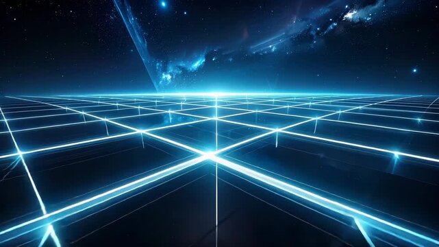 A glowing grid against a starry sky with cosmic nebulae