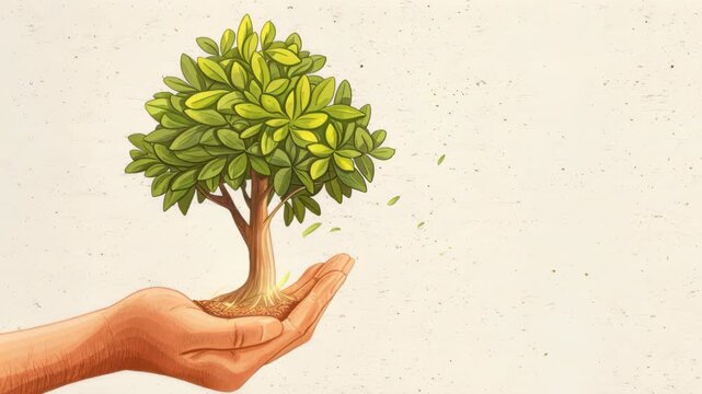Nurturing Growth: A symbolic representation of sustainability and environmental stewardship, depicting a caring hand cradling a young tree, symbolizing the importance of nurturing nature