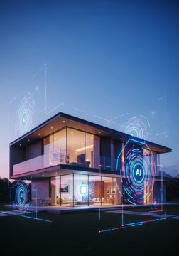 Modern dwelling powered by artificial intelligence manages energy consumption autonomously, ensuring sustainable comfort and efficiency, sustainable, sustainability, technology