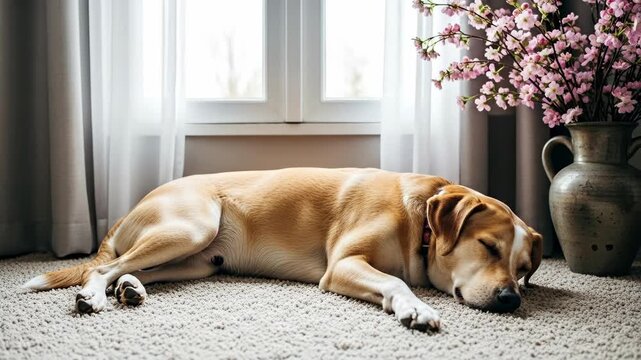 Relaxing Dog Resting Indoors by Window With Flower Arrangement