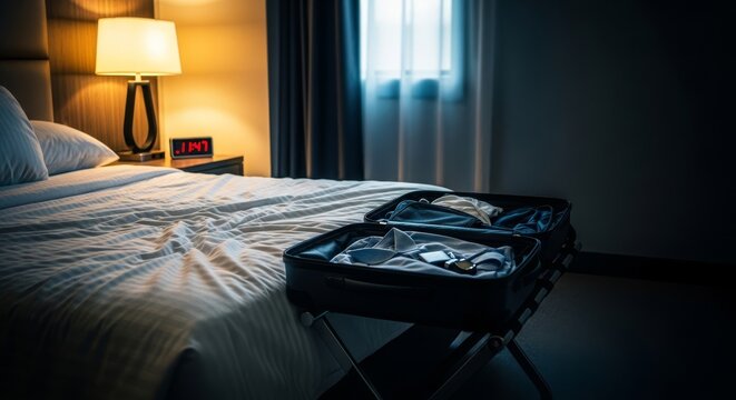 A rumpled hotel bed sits by an open suitcase under the glow of a bedside lamp while a digital clock shows a late hour in the dark room, digital, exhaustion, linens