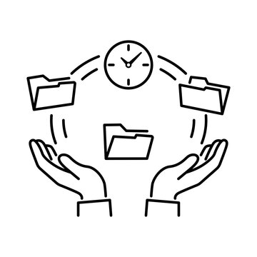 Minimalist black line vector icon of hands managing folders and a clock, representing freelance work, gig economy, time management, and efficient document workflow on a white background.