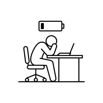 Quiet Quitting and Burnout Concept: A Minimalist Black Line Vector Icon Illustration of an Exhausted Employee Sitting at a Desk with a Low Battery Symbol, Representing Work Fatigue and Stress.