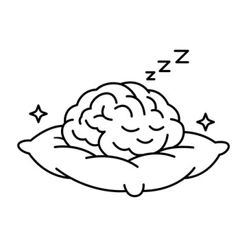 Mental Health Day minimalist black line vector icon illustration of a human brain sleeping peacefully on a soft pillow with zzz symbols, representing rest, relaxation, and mental well-being.