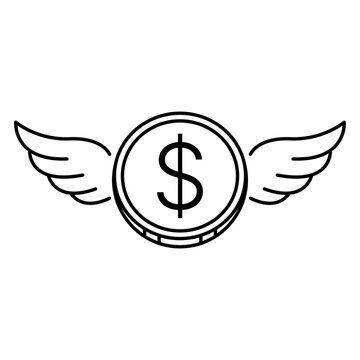 Minimalist black line vector icon of a dollar coin with wings on a white background, representing an angel investor, financial freedom, wealth, or fast money transfer in a clean outline illustration