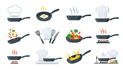 Collection of various cooking scenes featuring frying pans, chef hats, and ingredients, illustrating culinary activities.