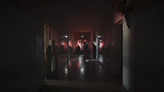 Enigmatic nuns walking through a dimly lit, eerie hallway of an old religious convent