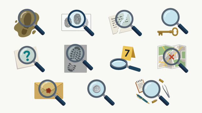 Collection of forensic investigation icons, including fingerprints, magnifying glasses, evidence markers, and maps, representing crime scene analysis and detective work.