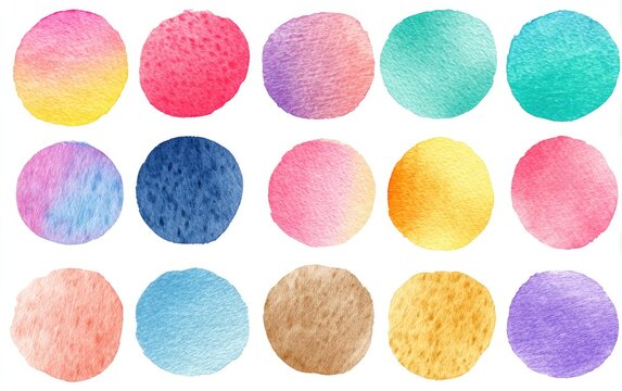 Fifteen watercolor circles, assorted colors, light textures, in a grid pattern