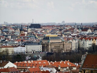 Obraz premium Old town skyline with churches. Panoramic scene of aged city with church spires and modern horizon