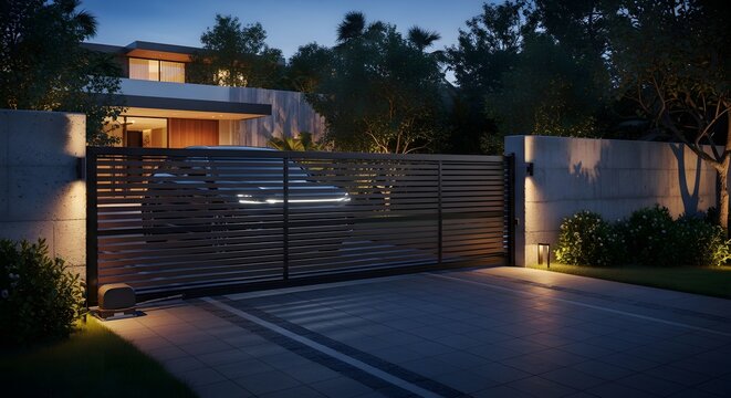 A modern house at night, featuring a large sliding gate and illuminated by warm outdoor lighting.